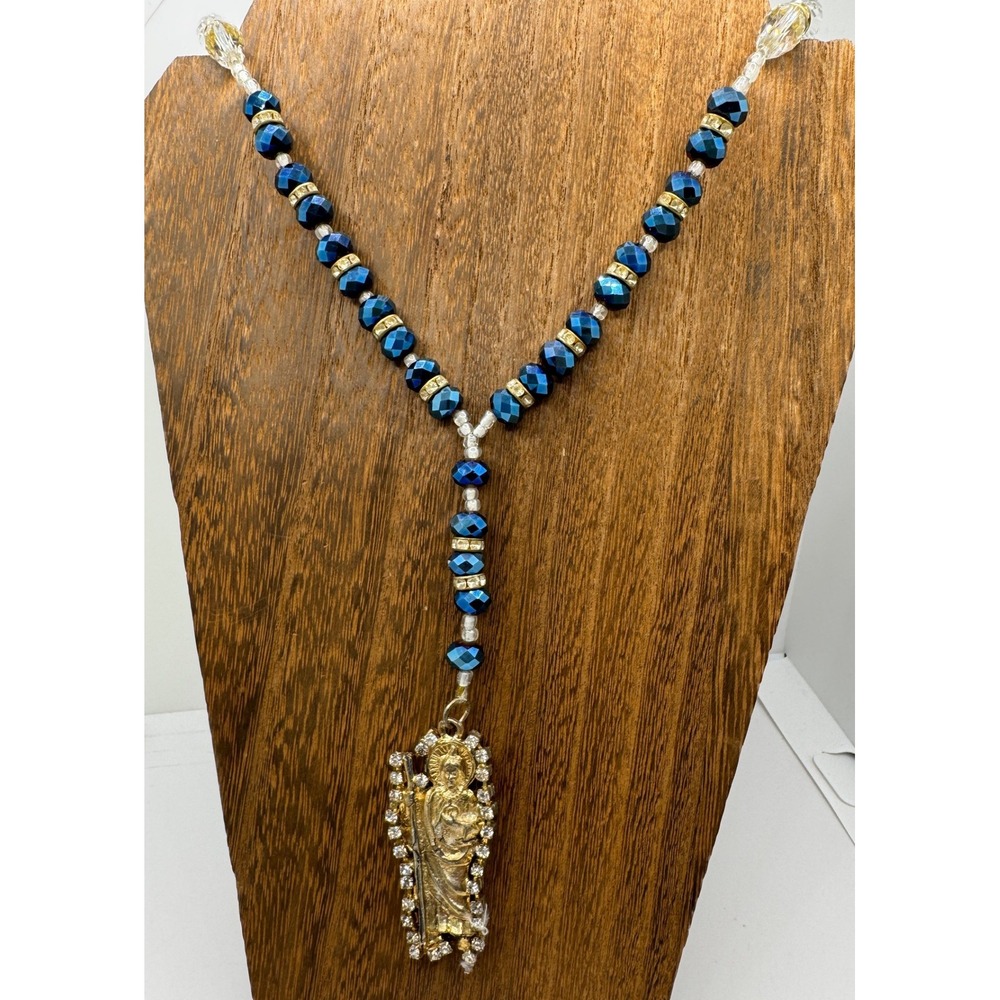 Vintage Blue Glass Beaded Saint Jude Rosary Necklace Gold Tone Rhinestone